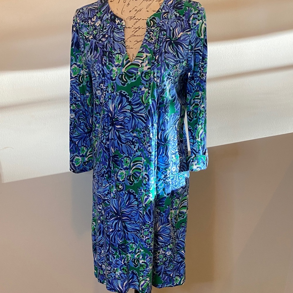 Lilly Pulitzer Blue and Green 100% Cotton Tropical  Floral Dress
